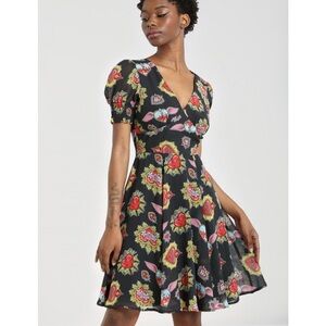 Hell Bunny Sz 14 Amias Rockabilly Black Colorful Tattoo Pin Up Retro Dress